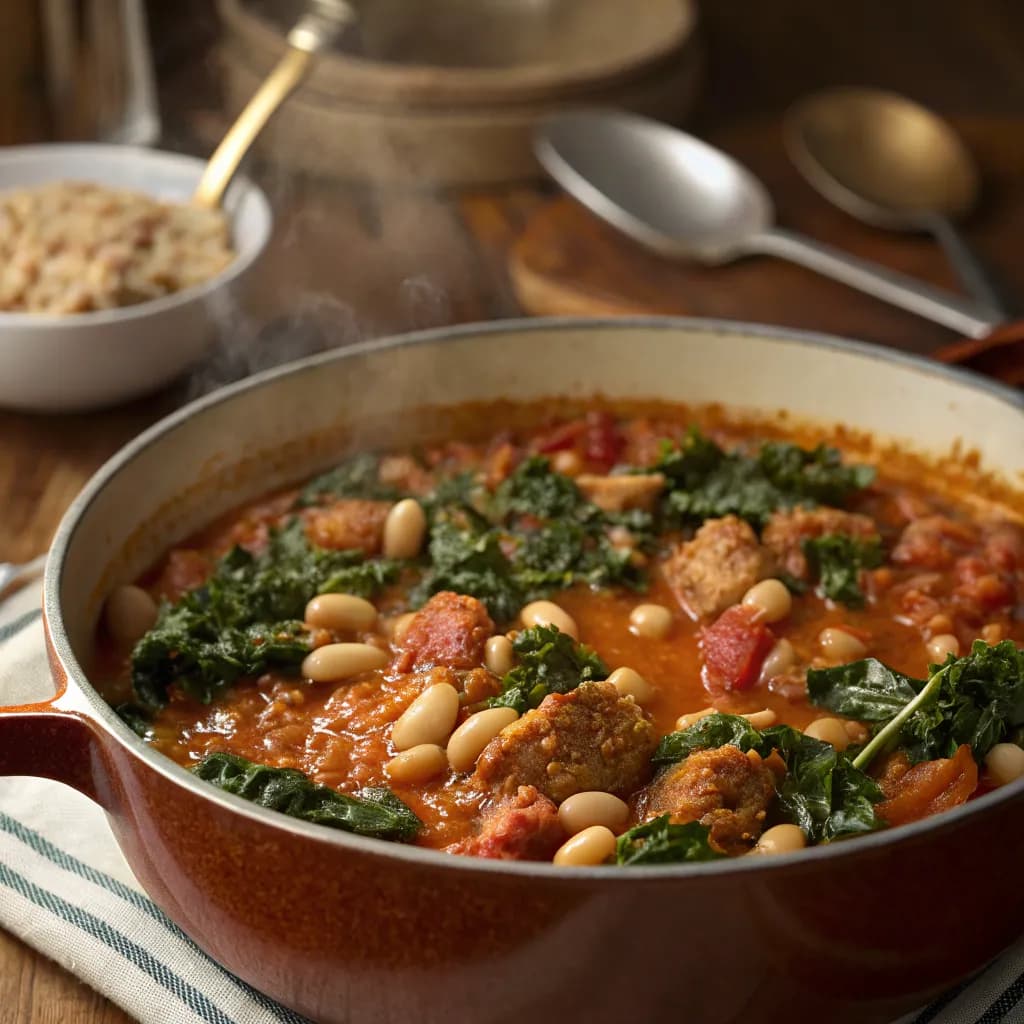 Creamy Chorizo & Cannellini Bean Farro Stew with Wilted Kale