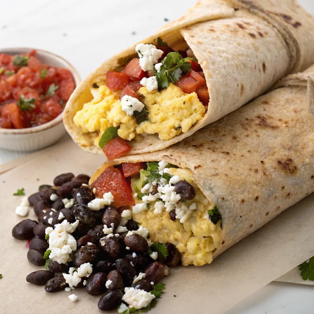 Breakfast Burrito with Eggs, Black Beans, and Salsa