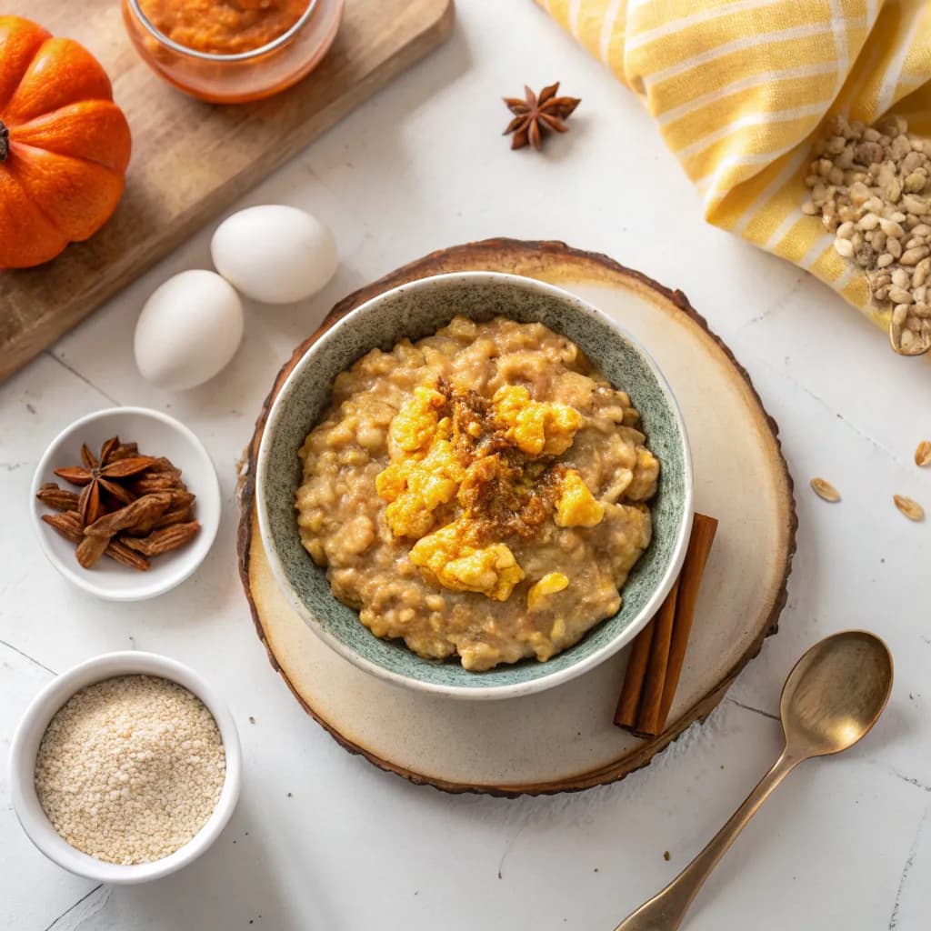 Pumpkin Spice Protein Oatmeal with Scrambled Eggs