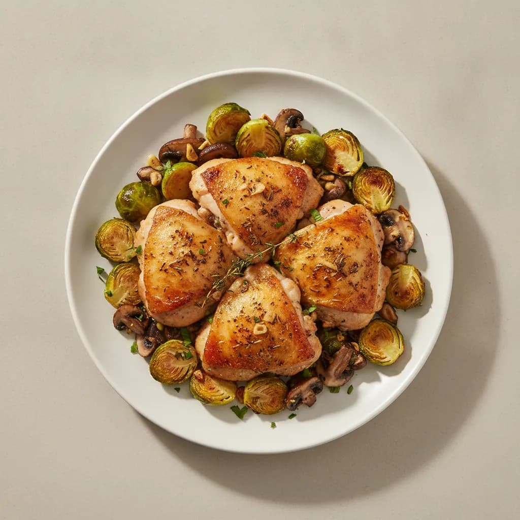 Herb Roasted Chicken Thighs with Garlic Brussels Sprouts & Mushrooms