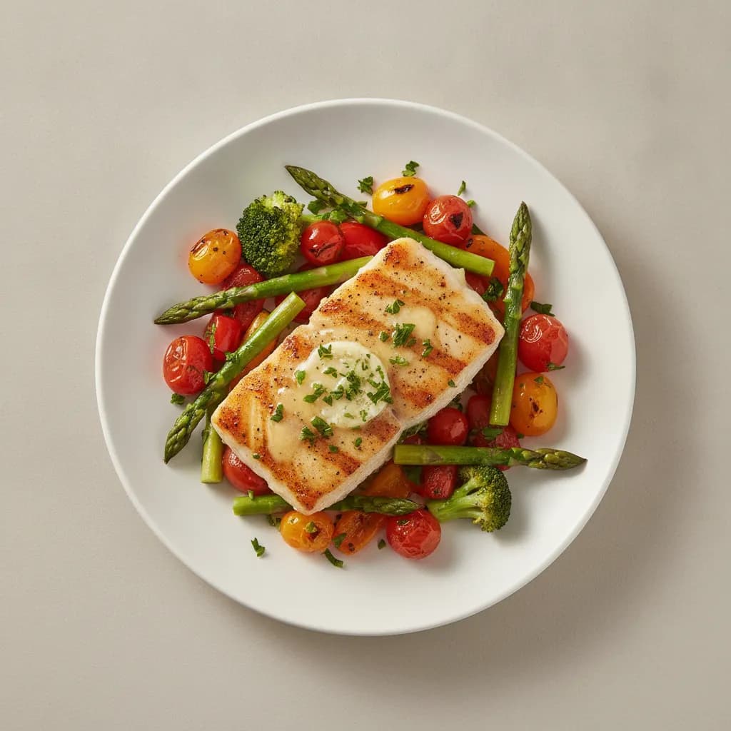Grilled Halibut with Garlic Butter and Roasted Vegetables