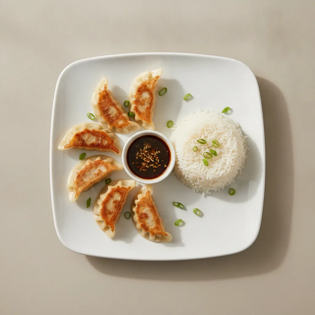 Pork and Vegetable Dumplings with Steamed White Rice