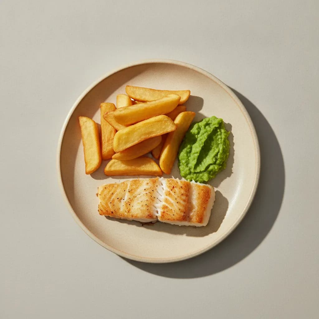 Baked Cod and Chips with Peas