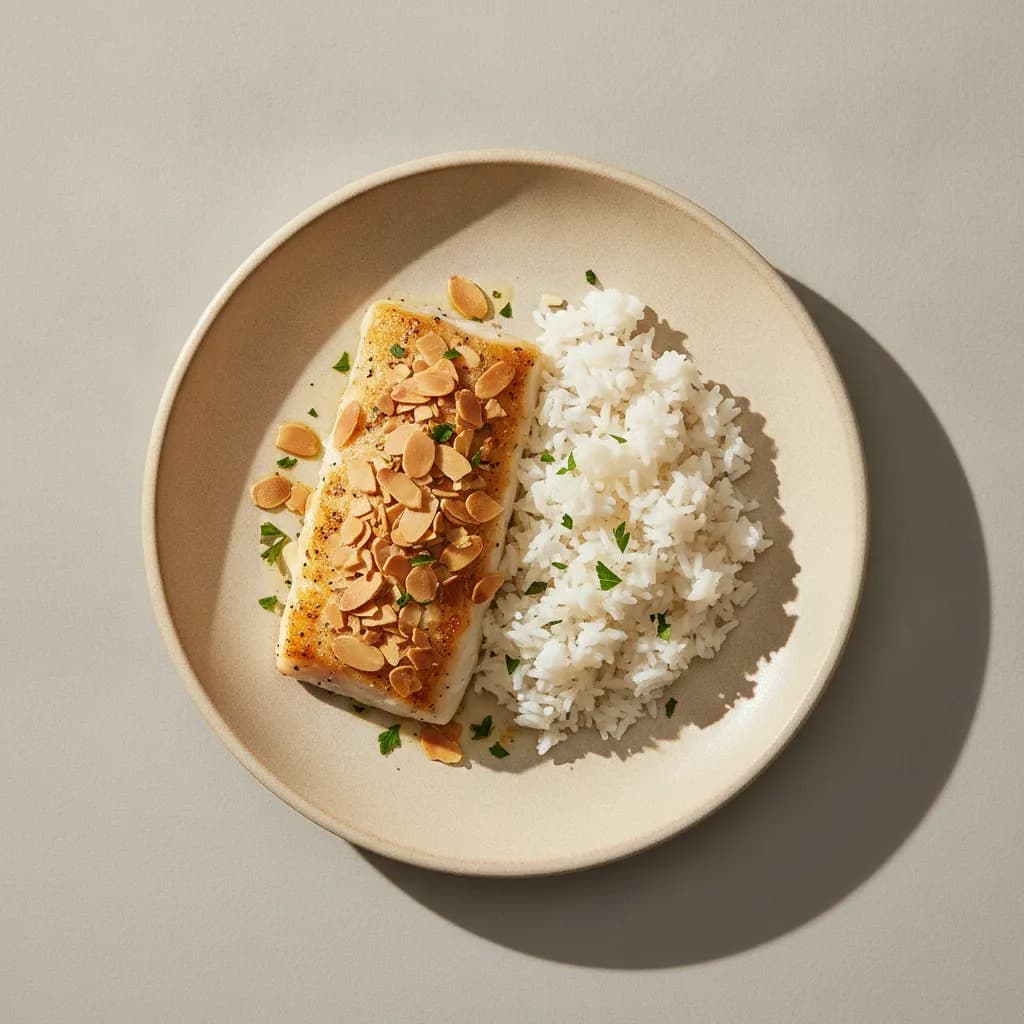 Baked Atlantic Cod with Almonds and White Rice