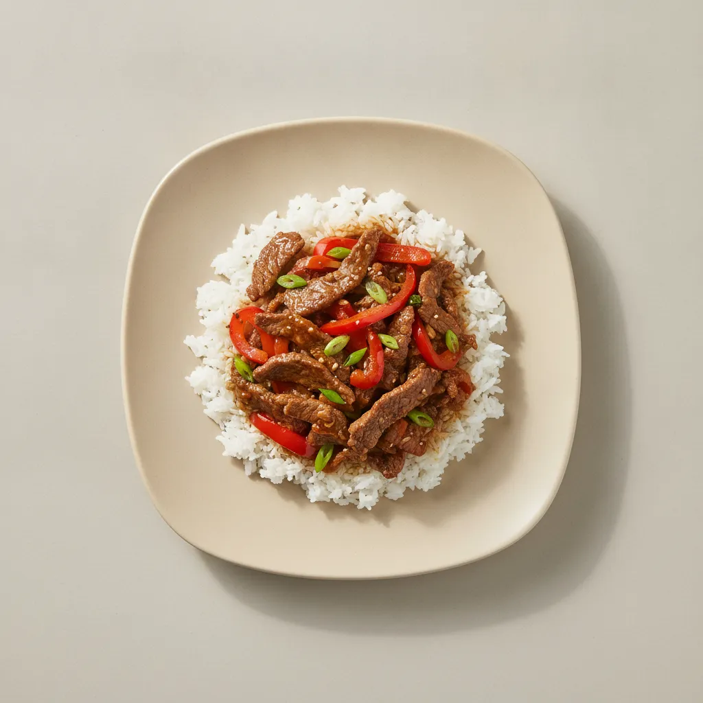 High-Protein Beef Stir-Fry with Red Peppers & White Rice