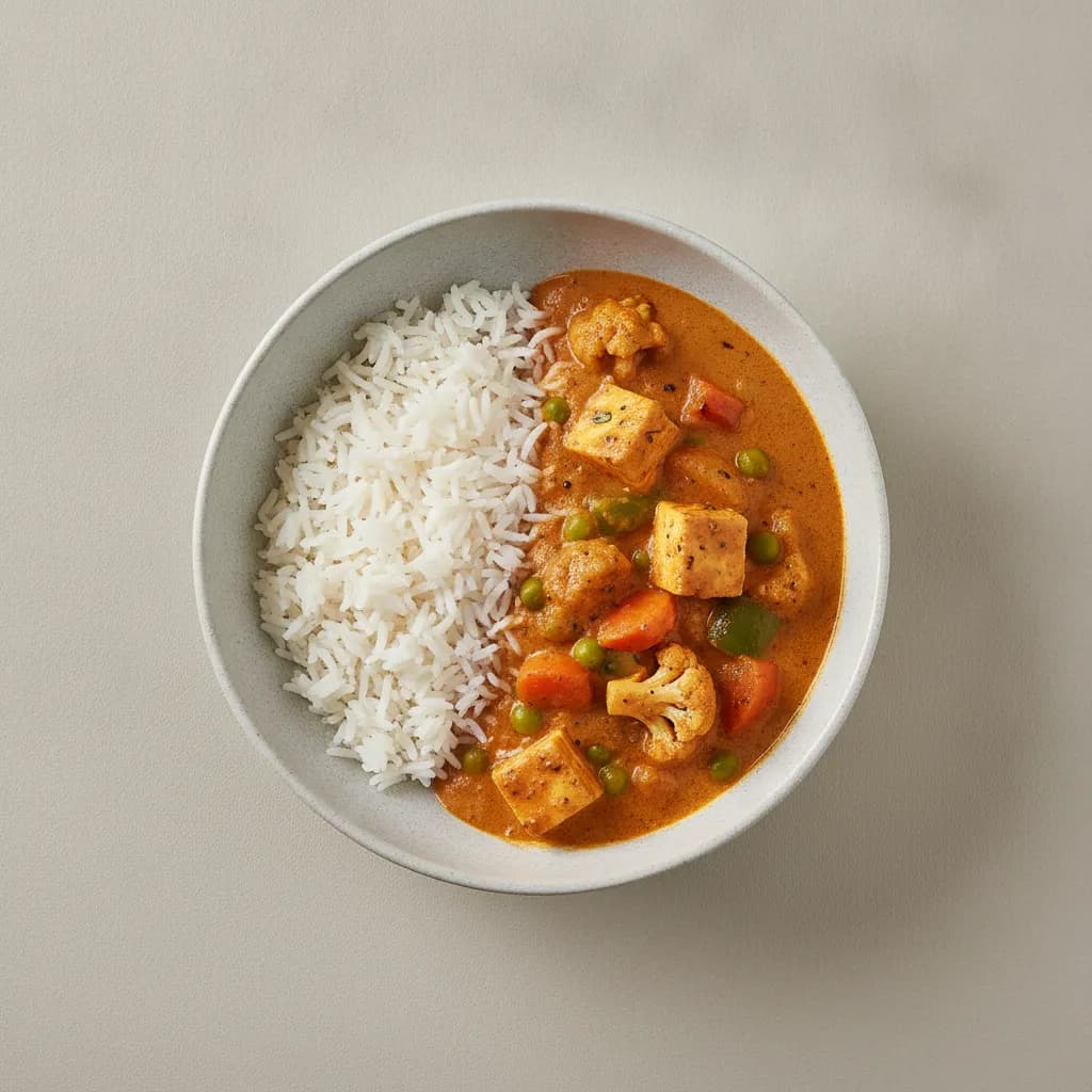 Cottage Cheese Vegetable Curry with White Rice