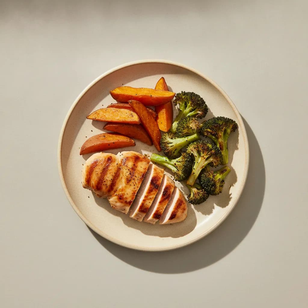 Grilled Chicken Breast with Sweet Potato and Roasted Broccoli