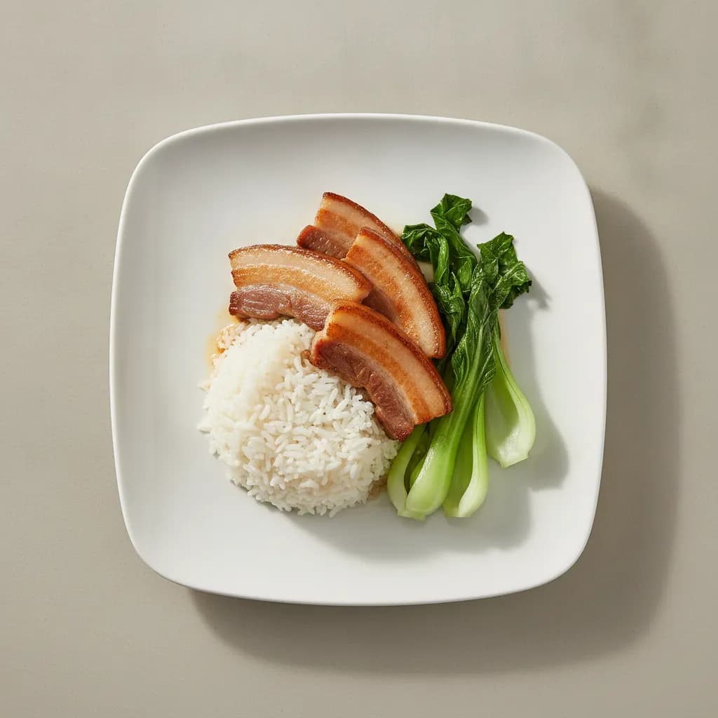 Pan-Seared Pork Belly with Steamed Rice and Bok Choy