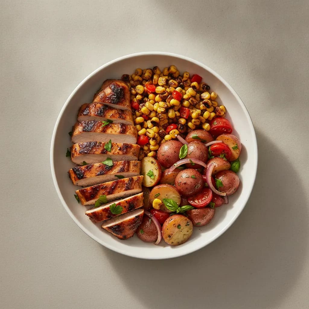Grilled BBQ Chicken Breast with Roasted Corn and Balsamic Potato Salad