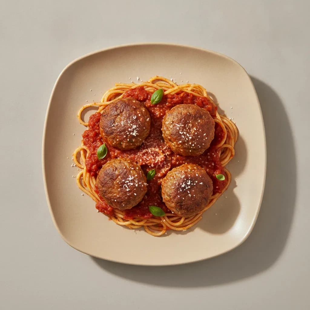 Baked Meatballs in Tomato Sauce with Spaghetti