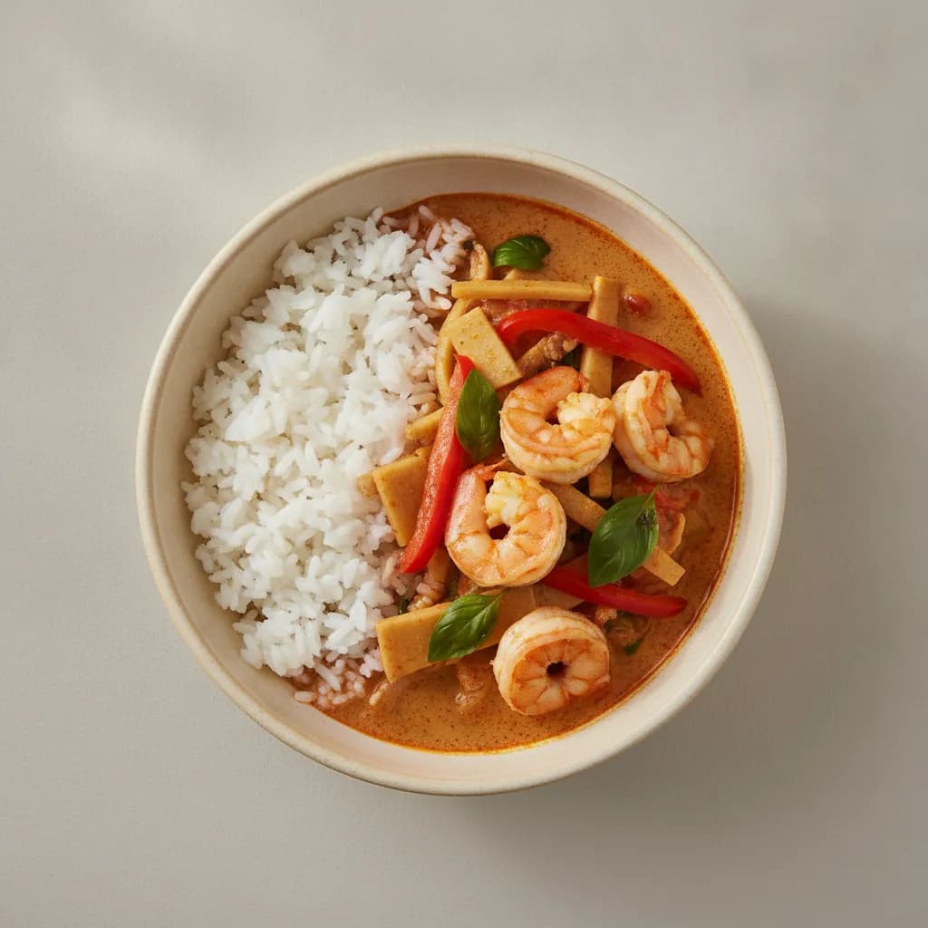 Thai Red Curry with Prawns and White Rice