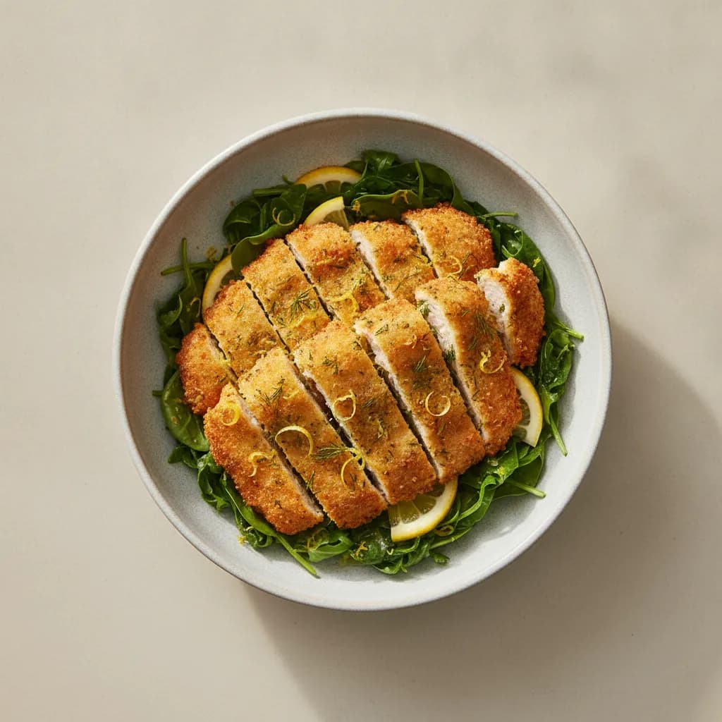 Crispy Lemon Herb Chicken Schnitzel with Wilted Spinach & Arugula Salad