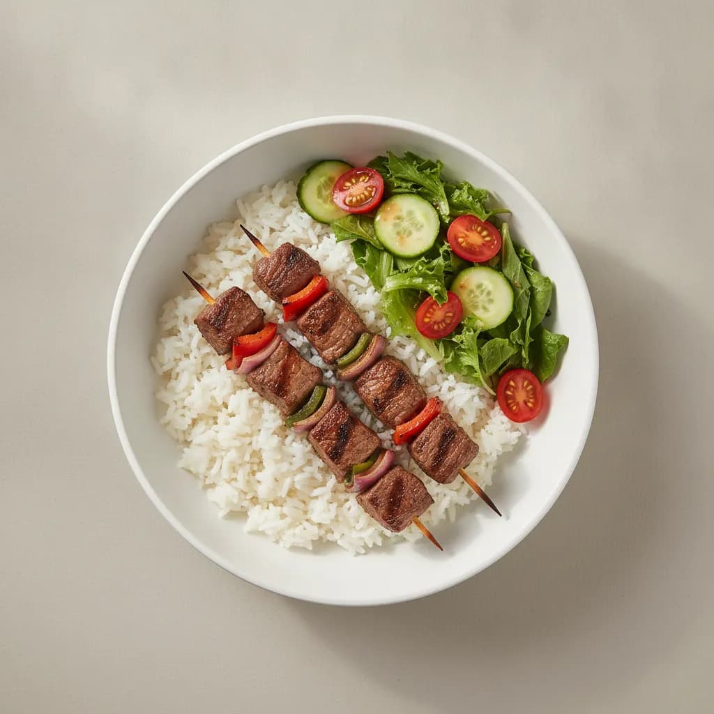 High-Protein Beef Flank Kebabs with White Rice & Garden Salad