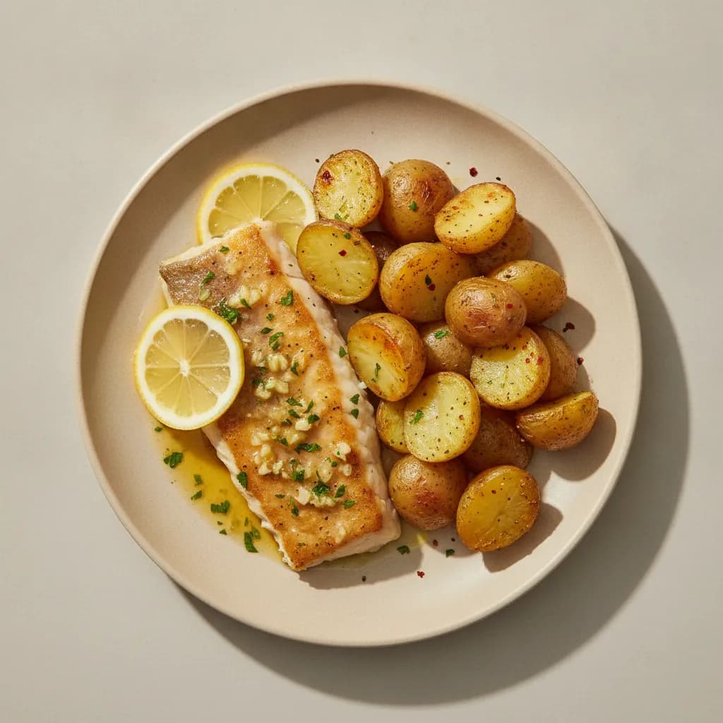 Baked Haddock with Lemon Garlic Butter and Roasted Potatoes