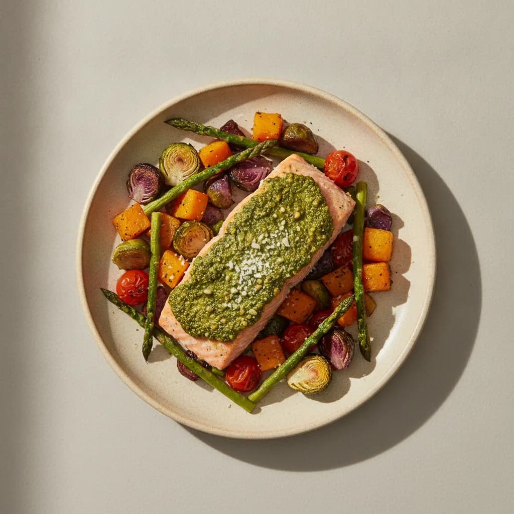 High-Protein Pesto Salmon with Roasted Vegetables