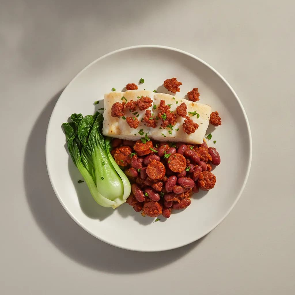 Baked Cod with Chorizo, Kidney Beans, and Bok Choy