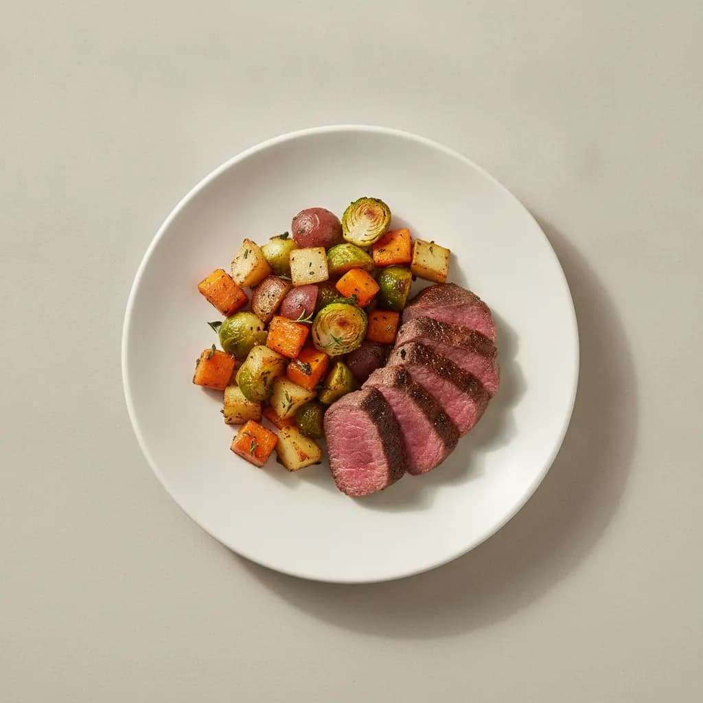 Pan-Seared Lean Beef Top Round with Roasted Vegetables