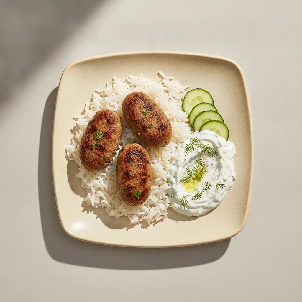 High-Protein Lamb Kofta with White Rice and Cucumber Tzatziki