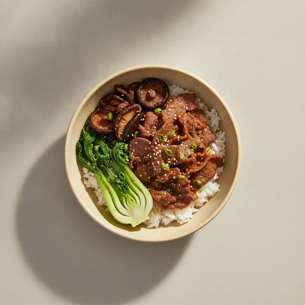 High-Protein Teriyaki Beef Bowl with Shiitake & Bok Choy