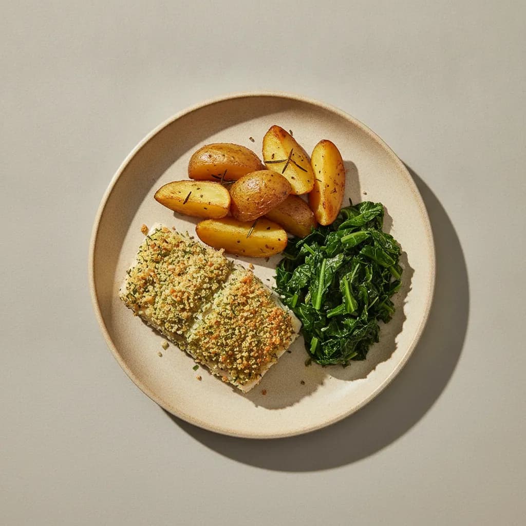 Herb-Crusted Cod with Roasted Potatoes and Collards