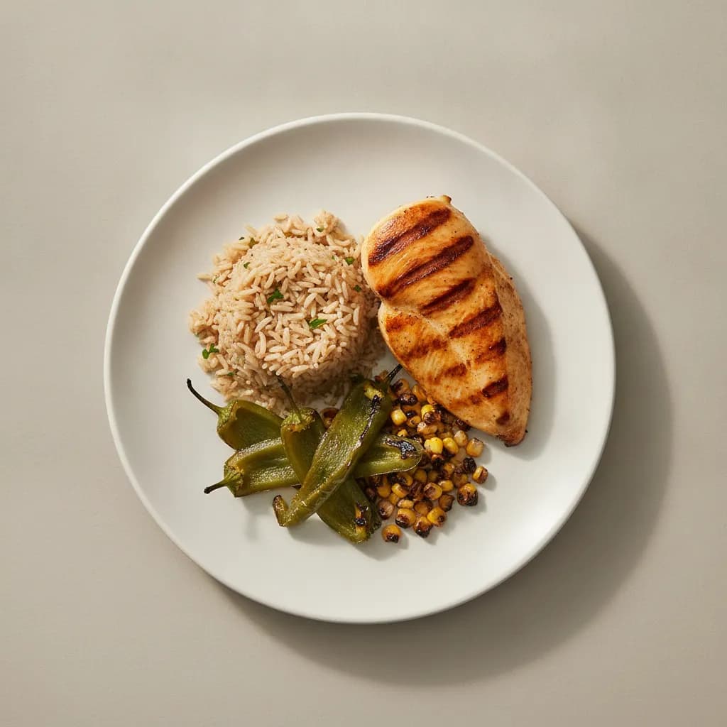 Grilled Chicken Breast with Brown Rice and Roasted Poblano Peppers