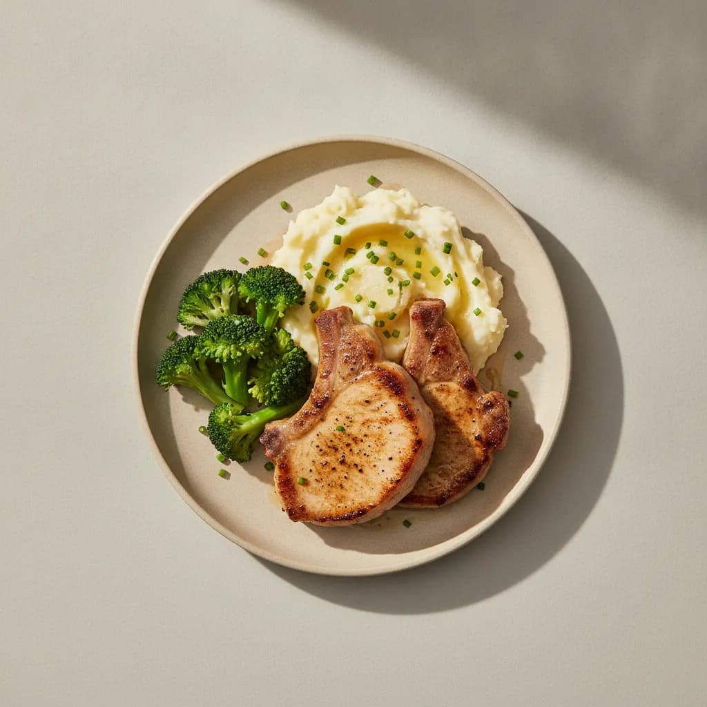 High-Protein Pork Chops with Mashed Potatoes and Broccoli