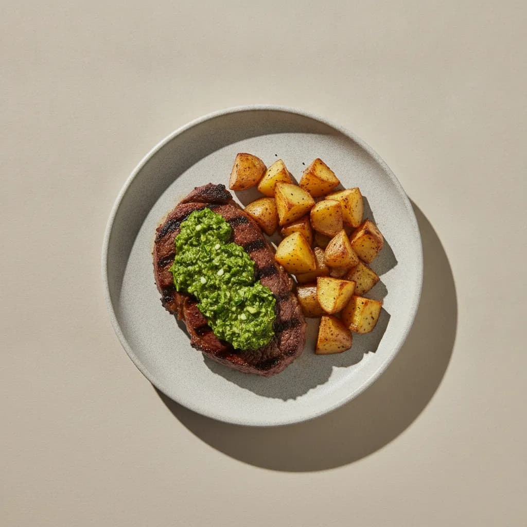 Grilled Ribeye Steak with Chimichurri Sauce and Roasted Potatoes
